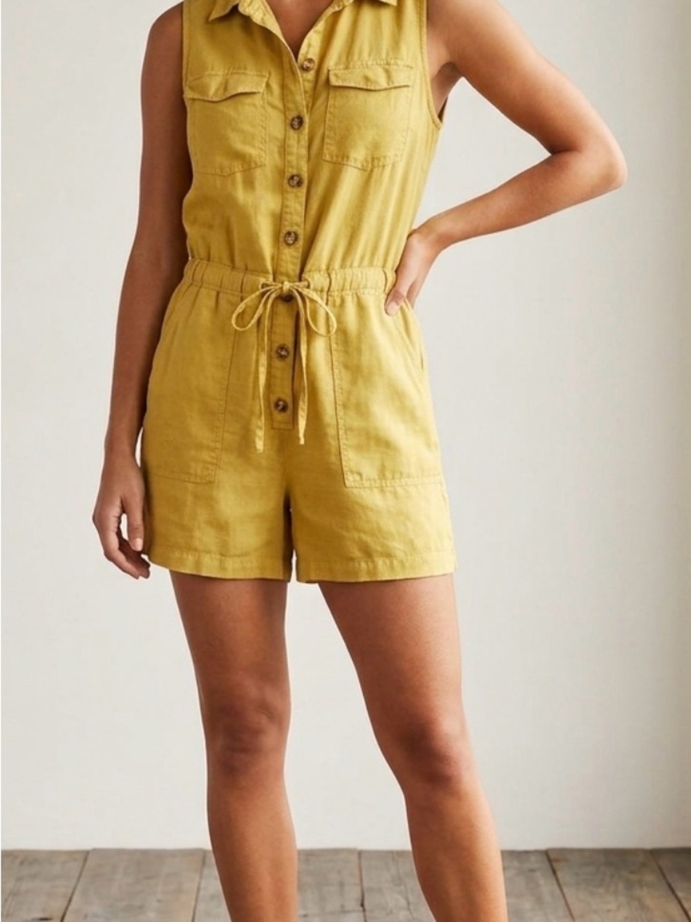 Nicole Miller Mustard Yellow Sleeveless Button Romper with Drawstring Waist